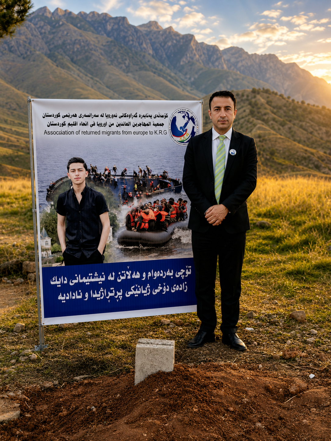 President Abubakr Ali Aziz beside the Association's public awareness banner